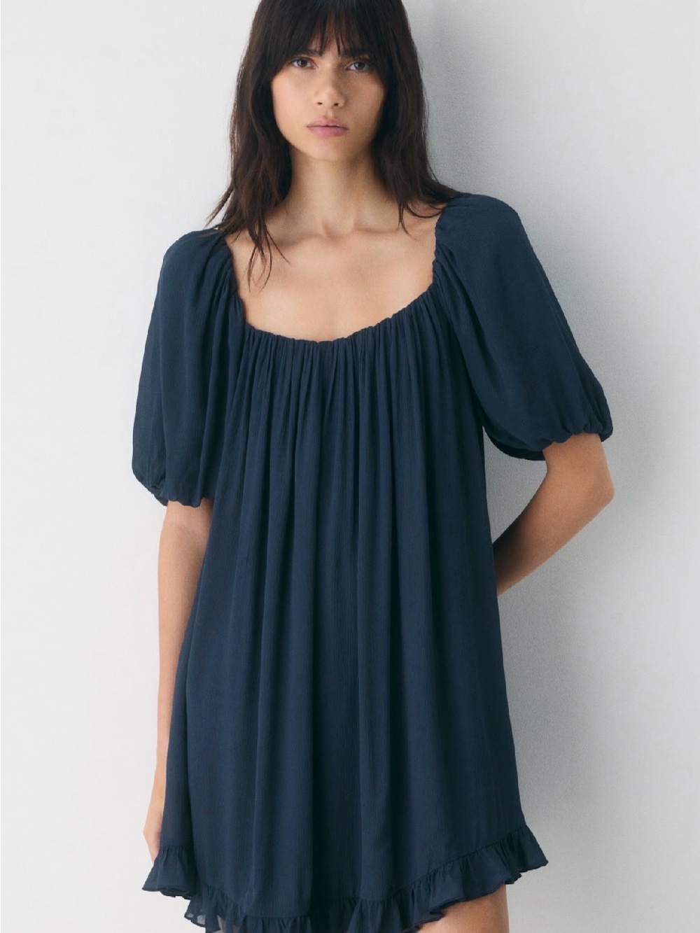 Aritzia Navy Puff-Sleeve Square-Neck Mini Dress - Picture 2 of 3